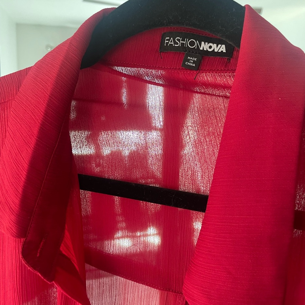 Fashion Nova Sheer Red Button Up Blouse Top